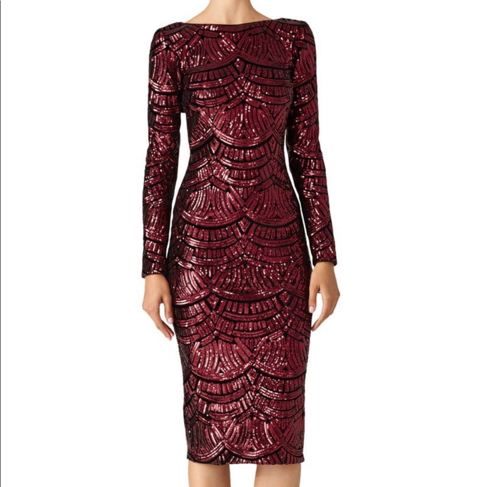 DRESS THE POPULATION Burgundy Emery sequin long sleeve Midi Dress.  Size L